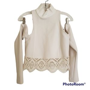 Jonathan Simkhai Ivory Wool Open Shoulder Mock Neck Crop with Lace Trim